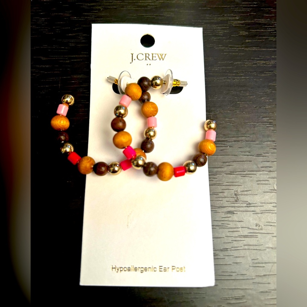 J. Crew Wood Hoop Earrings Gold Plated Brass Beads Pink Resin Beads